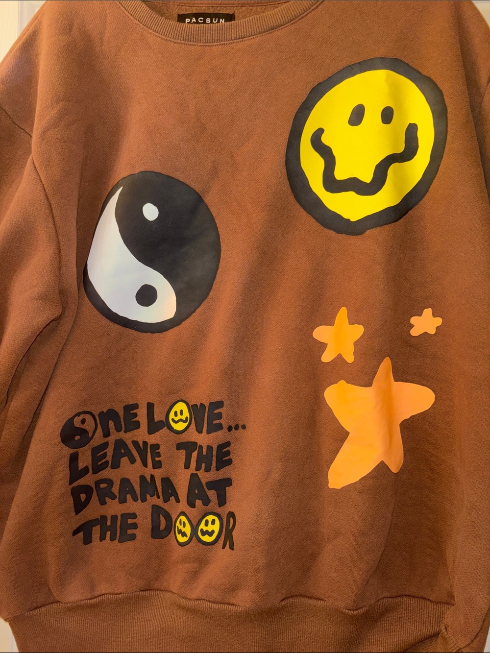 Pacsun Brown Graphic Sweatshirt with Smile & Yin Yang Large EUC - Picture 3 of 8